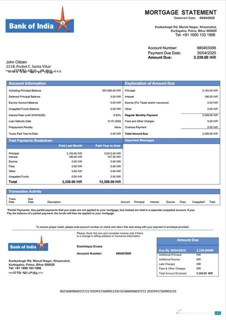 Download India Bank of India mortgage statement Word and PDF template Photoshop template